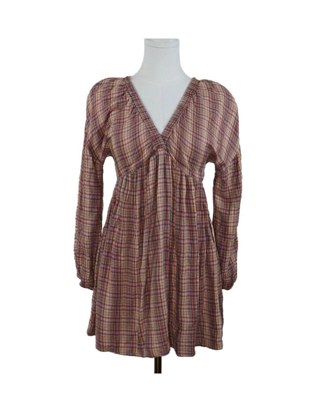 Plaid‎ Babydoll Mini Dress Cottagecore Long Sleeve V Neck XS